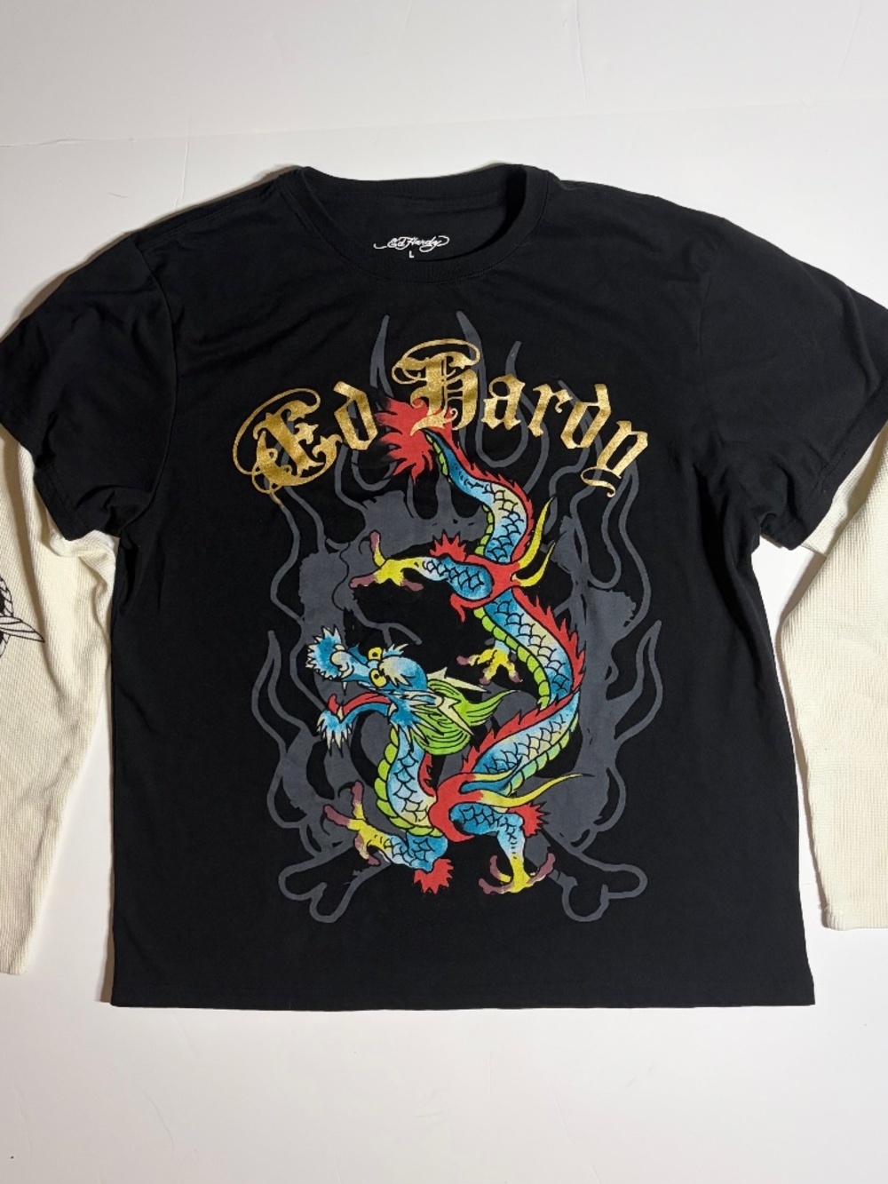 Ed Hardy Men's L Dragon Graphic Logo Crew Neck Long Sleeve T-Shirt Black/White